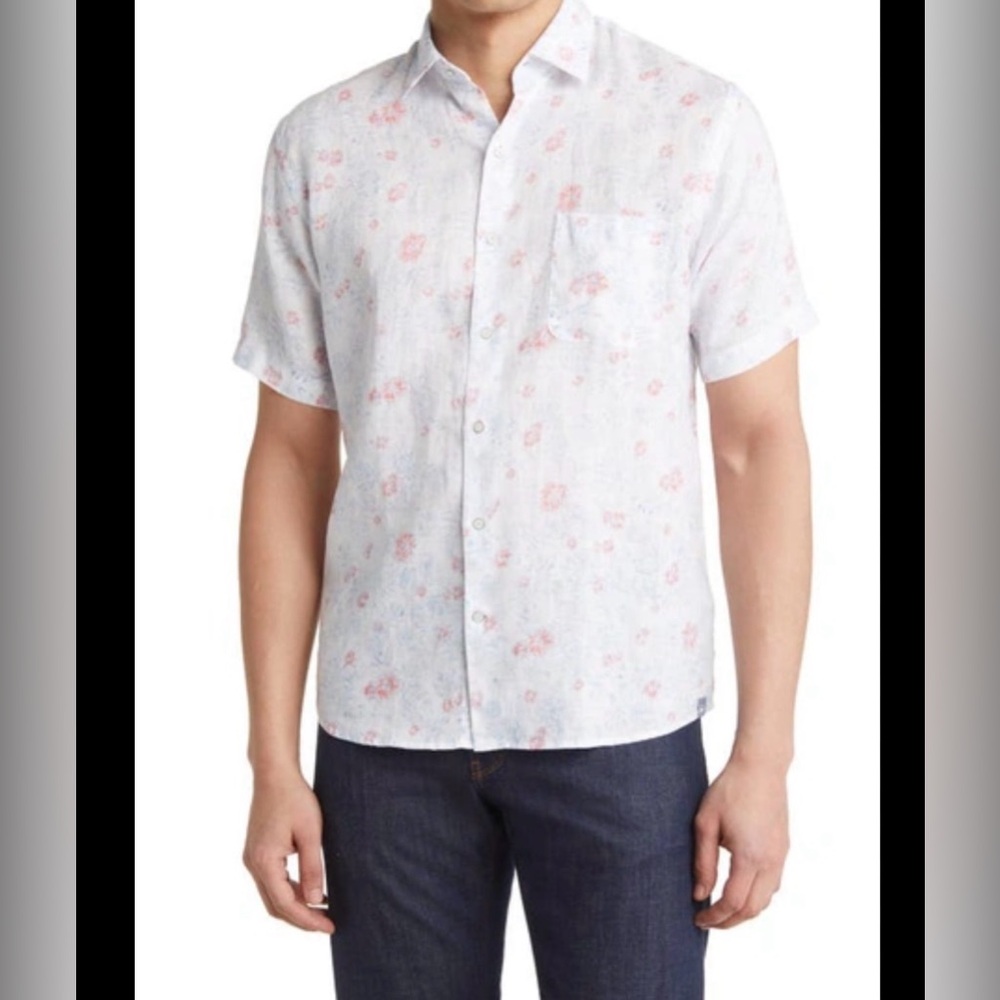 Peter Millar Crown Palm Sport Shirt Men's L 100% Linen Short Sleeve‎ Vacation✅